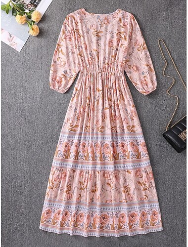  Naisten Maksimekko Rento mekko Boho Chic Mekot A linjainen mekko Boho-mekko Böömi söpö tyyli Tyylikäs Loma Päivittäin Hiekkaranta Loose Fit Kuvitettu 3/4 hiha V kaula-aukko Punastuvan vaaleanpunainen