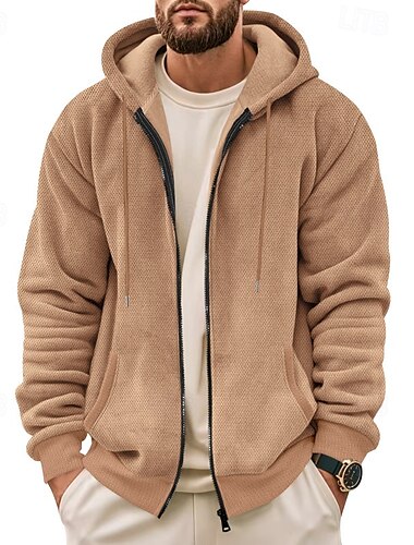  Férfi Gofri kapucnis pulóver Zip Up kapucnis pulóver Kapucnis felsőrész Gyapjú pulóver Fekete Katonai zöld Sötétkék Khakizöld Szürke Kapucni Sima Zseb Sport & Szabadtéri Napi Szabadság Utcai sikk