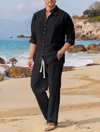  Herren leinenhemd 2 Stück Hemden-Set Sommerhemd Passende Sets Strandhemd Glatt Urlaub Curise Schwarz Weiß Blau Langarm Ständer Frühling Sommer Bekleidung