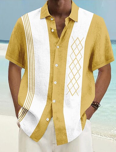  Herren Geometrisch Lässiges Hemd Bowling-Shirt Knopfhemd Kurzarm Brautkleider schlicht Urlaub Casual Sommer Frühling Umlegekragen Knopf hoch Hellblau Gelb Grün Dunkelblau Grau