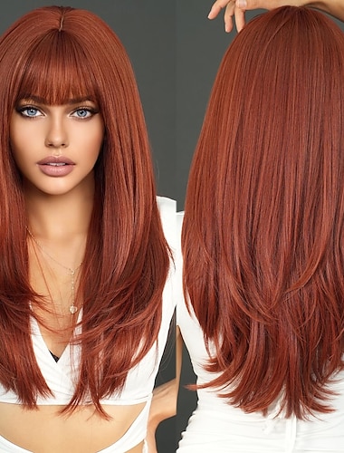  perruque longue et droite auburn avec frange 26 pouces perruques de cheveux synthétiques orange roux en couches pour femmes perruque naturelle cuivrée rouge résistante à la chaleur pour une