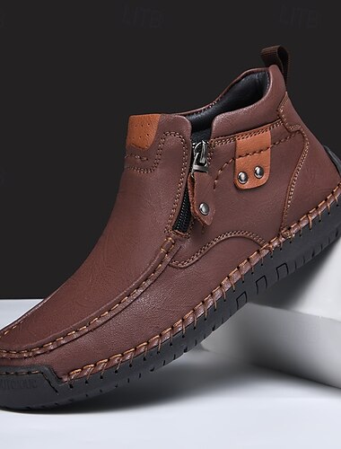  braune Herren-Stiefeletten aus Kunstleder mit seitlichem Reißverschluss und rutschfester Sohle – lässige Outdoor-Stiefel für Arbeit, Reisen und Alltag