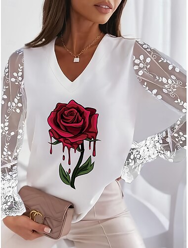  Damen-T-Shirt mit Herzmotiv und Spitze, elegant, modisch, süßes Herz-Design, normale Oberteile, langärmelig, Laternenärmel, V-Ausschnitt, Spitze, Patchwork, normale Passform, Party, Valentinstag