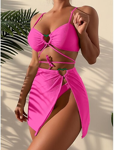  Femme Maillots de Bain Bikinis Trois pièces Jupe Maillot de bain Dos Nu Mince Vacances Tenues de plage Couleur unie Dos nu Sans Manches Maillots de bain