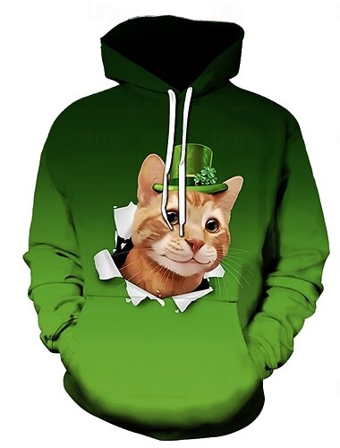  Pyhän Patrickin päivä Kissa Shamrock irlantilainen Huppari 3D Onnekas apila Edessä tasku Kuvitettu Käyttötarkoitus Pariskuntien Miesten Naisten Aikuisten Pyhän Patrickin päivä 3D-tulostus Juhla Rento