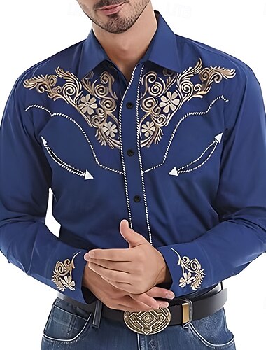  男性用 フローラル柄 ウエスタンシャツ カウボーイシャツ 長袖 洋式 春 秋 折襟 ボタンアップ ブルー