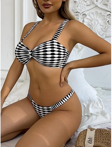  Damen Badeanzug Bikinis 2 Stück Cheeky-Bikinihose Bademode Rückenfrei Schlank Urlaub Strandbekleidung Geometrisch V Ausschnitt Ärmellos Badeanzüge