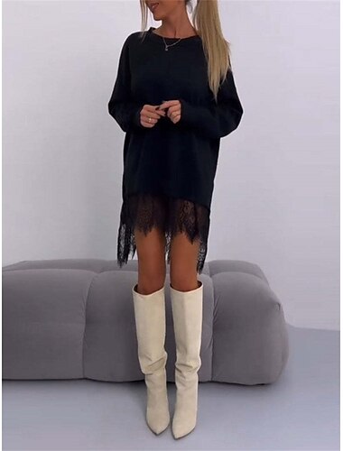  Damen Sweatkleid Midikleid Modisch Täglich Outdoor Urlaub Ausgehen Rundhalsausschnitt Feste Farbe Lockere Passform Schwarz Weiß Beige S M L XL XXL
