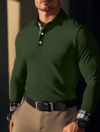  Herren Golfhemd Casual Sport Kargen Langarm Modisch Basic Plaid Farbblock Patchwork Knopf Frühling & Herbst Regular Fit Dunkelgrau Weiß Marineblau Grün Golfhemd