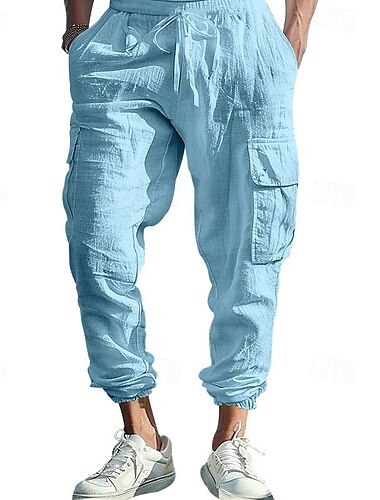  Bărbați Pantaloni de in Joggeri cargo Pantaloni Pantaloni de vară Cordon Talie elastică Multi Buzunare Simplu Confort Respirabil Lungime totală În aer liber Casual Zilnic Modă Stil Clasic Negru Alb