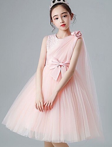  Flower Girl Dress Kid's Girls' Princess Dress Performance Wedding Party Elegant Beautiful Mesh Solid Color Sleeveless Crew Neck White Champagne 4 years+