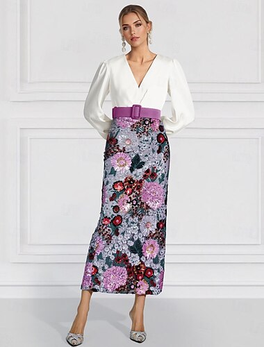  Lila Pailletten Schlankes/Spalten Abendkleid Elegantes Kleid Formal Hochzeit Knielänge Lange Ärmel V-Ausschnitt Gurt mit Schlitz Stickerei Applikationen Derbykleider 2025