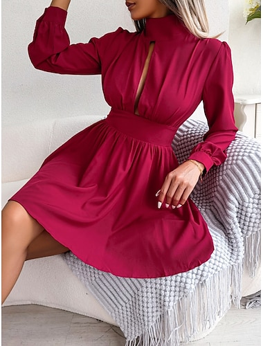  Per donna Vestito nero Mini abito Increspato Traforato Informale Colletto alla coreana Manica lunga Nero Bianco Vino Colore