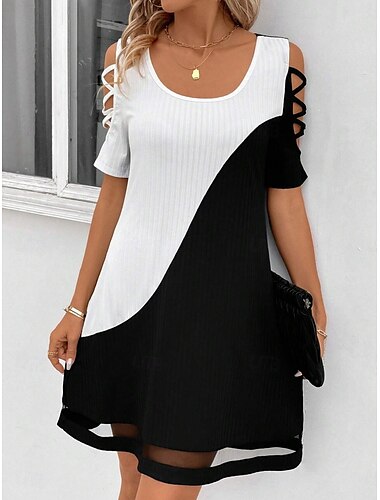  Damen Minikleid Strickkleid Casual kleid Stilvoll Brautkleider schlicht Urlaub Täglich Regular Fit Farbblock Halbe Ärmel U-Ausschnitt Weiß Rote Frühling Herbst
