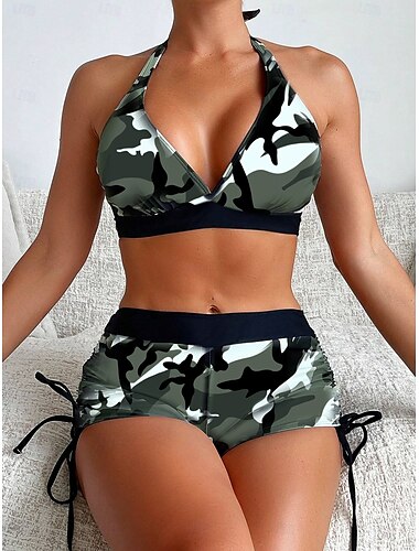  Damen Badeanzüge Bikini 2-teilig Frecher Badeanzug Rückenfrei Urlaub Strandmode Camo Halterneck ärmellose Badeanzüge