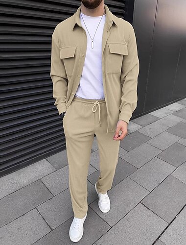 Hombre 2 Piezas Conjunto de camisa Conjuntos a juego Camisa casual Camisa de Pana Abotonar la camisa Negro Marrón Verde Trébol Color Caquí Gris Manga Larga Plano Cuello Calle Diario Ropa Moda Casual