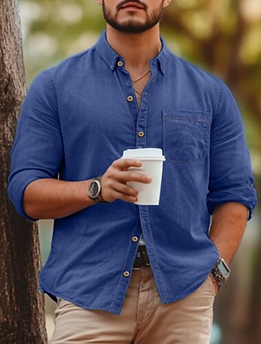  Voor heren Overhemd Chambray-shirt Calico-shirt Normaal shirt Overhemd met knopen Spijkerbroekblauw Zwart Diep Blauw Donkerblauw Lange mouw Effen Kraag Vakantie Dagelijks Kleding Modieus Casual