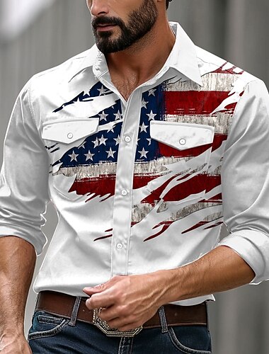  Per uomo Bandiera americana degli Stati Uniti Camicia occidentale Camicia con bottoni Manica lunga Occidentale Informale Casual Informale Primavera Autunno Collo ripiegabile Abbottonare 2 tasche