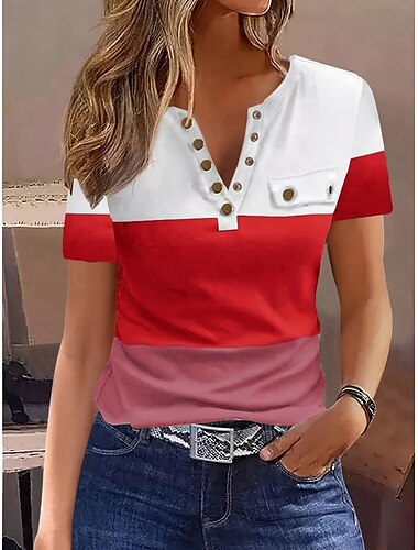  Damen T Shirt Farbblock Modisch Modern Brautkleider schlicht Kurzarm V Ausschnitt Normale Oberteile Täglich Wochenende Knopf Rote Orange Grau Sommer
