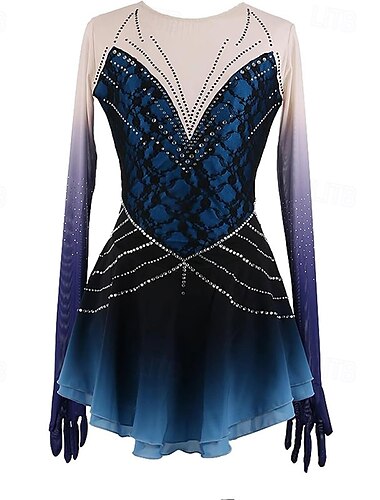  Eiskunstlaufkleid Damen Mädchen Eislaufen Kleid Blau Patchwork Netzstoff Spandex Hohe Elastizität Training Wettbewerb Eiskunstlaufkleidung Klassisch Kristall / Strass Langarm Eislaufen Eiskundstlauf