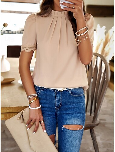  Damen Hemd Bluse Feste Farbe Basic Brautkleider schlicht Kurzarm Rollkragen Normale Oberteile Täglich Rüschen Weiß Rote Khaki Sommer
