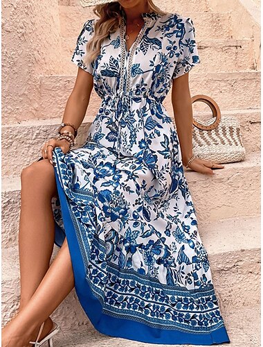  Naisten Maksimekko Rento mekko Kellomekko A linjainen mekko Boho-mekko Vapaa-aika Päivittäin Normaali Kukka Puolihiha V kaula-aukko Sininen Kesä Kevät