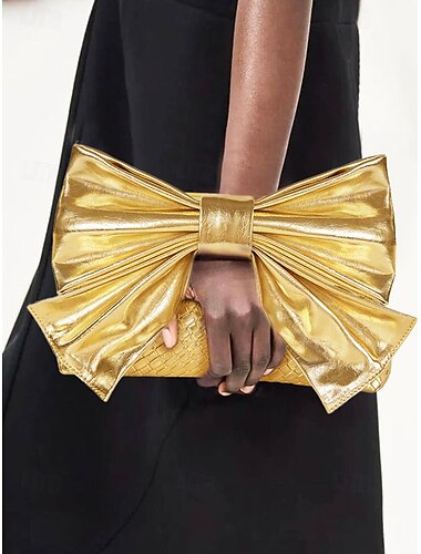  Damen-Clutch aus goldenem Kunstleder mit übergroßem Schleifendesign und strukturierter Oberfläche, perfekt für Abendpartys, Hochzeiten und formelle Anlässe, Silber, Schwarz, Gold