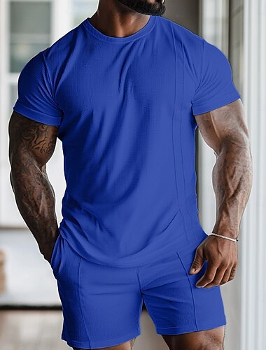  Herren Waffelhemd Zweiteilig T-Shirt Anzüge T-Shirt Kurzarm Kurze Hose Rundhalsausschnitt Frühling & Sommer Einfach Mode Designer Basic 2 teilig Urlaub Straße Ausgehen Schwarz Weiß Grau Top T-Shirt
