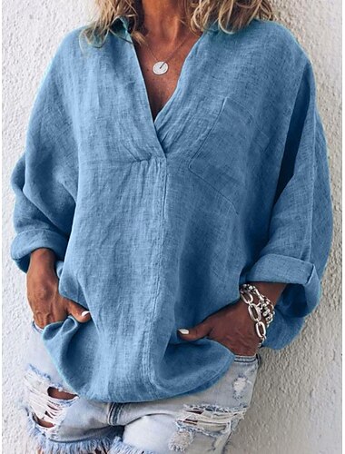  Femmes Chemise Chemises inspirées du lin Chemisier Couleur Unie Basique Occasionnel Manche 3/4 Col en V Hauts Réguliers Quotidien Rose Claire Bleu Kaki Printemps & Automne