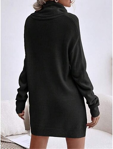  Damen Pullover Kleid Brautkleider schlicht Weich Einfarbig Gerippt Rollkragen Strick Langarm Lange Oberteile Stricken Outdoor Täglich Wochenende Schwarz Rosa Herbst Winter