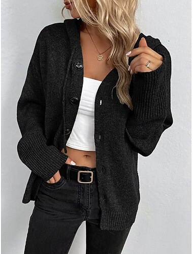  Dames Trui Vest Casual Zacht Heldere kleur Geribd Capuchon Knop Gebreid Lange mouw Normale tops breien Buiten Dagelijks Weekend Zwart Wit Herfst Winter