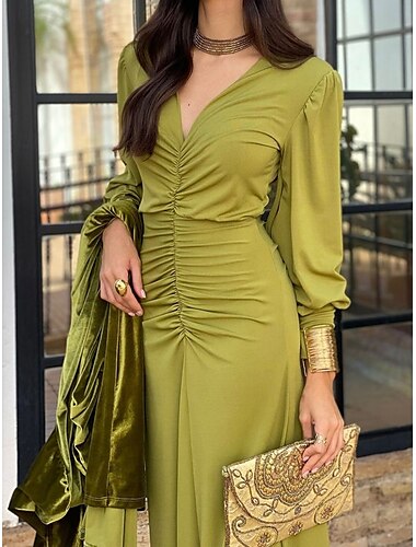  Damen Maxidress Bodycon Smaragdgrünes Kleid Elegant kleid hochzeitsgast Verabredung Regular Fit Glatt Langarm V Ausschnitt Grün Sommer Frühling