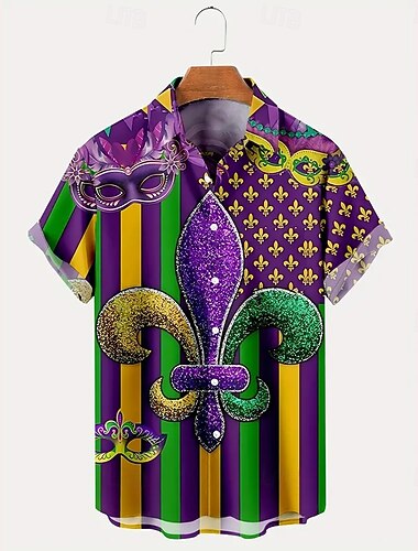  Carnaval Homens Máscara Camisa casual camisa de botão Manga Curta Engraçado Presente Casual Verão Primavera Aberto para a Lateral Abotoar Roxo