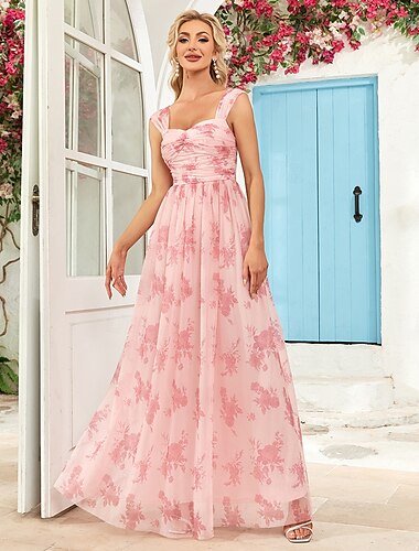  A-Line Wedding Guest Dresses Elegant Dress Party Wear Birthday Floor Length Sleeveless Spaghetti Strap Pink Dress Chiffon Backless with Floral Print Ruched