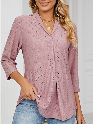  Per donna Camicia Blusa Tinta unica Essenziale Informale Manica a 3/4 A V Top regolari Giornaliero Bottoni Occhiello Bianco Rosa Verde Estate Primavera