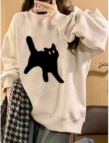  女性用 スウェットシャツ 猫 カジュアル 長袖 クルーネック レギュラートップス ストリート 日常着 プリント ホワイト ベージュ グレー 秋 冬