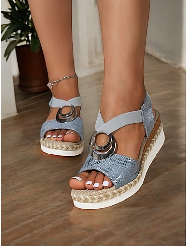  sandales compensées style espadrilles bohèmes pour femmes avec détail d'anneau métallique - chaussures d'été à lanières pour tenue décontractée et de plage