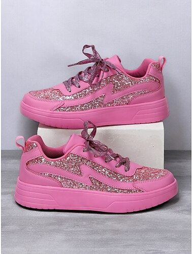  Dame Treningssko Krystall Sandaler Daglig Paljett Flat hæl Rund Tå Fritid Komfort Preppy Fuskelær Glitter Snøring Sølv Rose Rosa