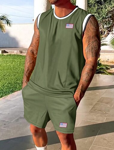  Herren Tennishemd Shorts und T-Shirt-Set Lässiger ärmelloser Anzug Ärmellos Rundhalsausschnitt Sommer Farbblock Gymnastik Lässig 2 teilig Urlaub Alltagskleidung Sportkleidung Schwarz Weiß Grün Top