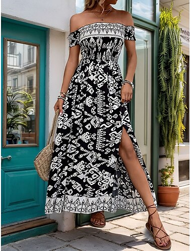  Naisten Maksimekko Rento mekko Boho Chic Mekot A linjainen mekko Boho-mekko Böömi Tyylikäs Vapaa-aika Loma Päivittäin Loose Fit Kuvitettu Lyhythihainen Olkaimeton Musta Kesä Kevät