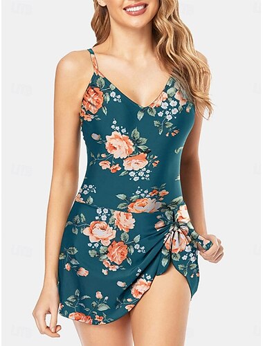  Damen Badeanzug Ein Stück Monokini Schwimm-Kleid Bademode Rückenfrei Bauchkontrolle Hohe Taillenlinie Schlank Urlaub Strandbekleidung Blumen Halfterhals Ärmellos Badeanzüge