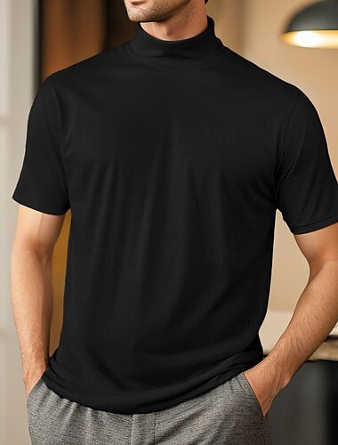  Homens Camiseta Camisa de gola alta Manga Curta Gola Alta Verão Primavera Tecido Moda Casual Confortável Macia Casa Casual Final de semana Preto Branco Cinzento Top Tee para Homens