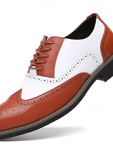  męskie dwukolorowe buty wizytowe typu oxford brogue w kolorze białym i kasztanowym, skórzane buty typu spectator inspirowane Gatsbym, idealne na przyjęcia, wesela i formalne wydarzenia w stylu lat 20.