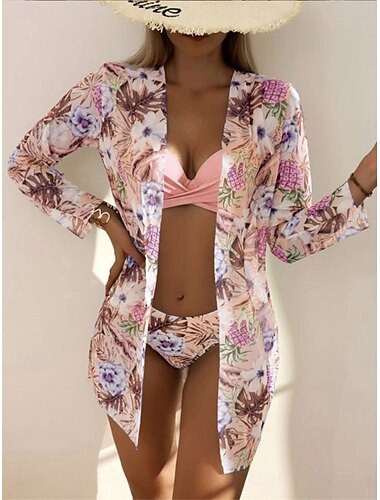  Damen Badeanzug Bikinis Drei Stück Cheeky-Bikinihose Bademode Rückenfrei Schlank Urlaub Strandbekleidung Blumen V Ausschnitt Langarm Badeanzüge