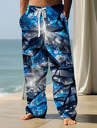  Herre 3D Print Krystall / Rhinstein Bukser Uformelle bukser Medium Midje Elastisk midje med snøring Hawaiisk Fritid utendørs Feriereise Ferie Bukser med rett ben Sommer Vår Høst 3D-utskrift Blå