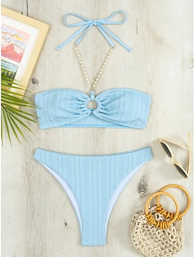  Damen Badeanzug Bikinis 2 Stück Cheeky-Bikinihose Bademode Rückenfrei Schlank Urlaub Strandbekleidung Feste Farbe Halfterhals Ärmellos Badeanzüge