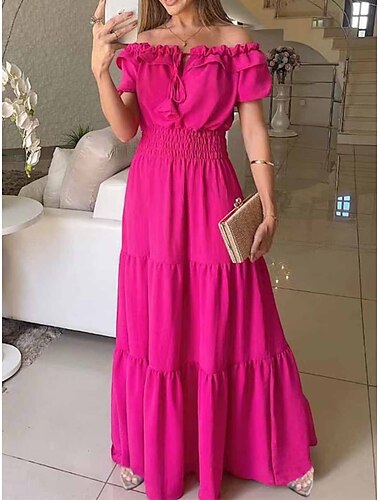  Damen Maxidress Casual kleid A Linie Kleid Stilvoll Basic Brautkleider schlicht Urlaub Täglich Regular Fit Glatt Kurzarm Schulterfrei Schwarz Fuchsie Grün Sommer Frühling