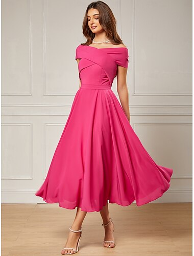  A-Lijn Cocktailjurken Strand Bruiloft Elegante Jurk Semi-Formeel Theelengte Mouwloos Off Shoulder Herfst Bruiloft Gast Rekbare Chiffon met Rimpeling Derby Jurken 2025