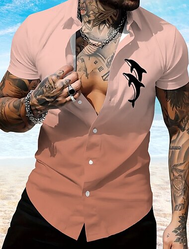  Herren Tier Fische Lässiges Hemd Hawaiihemd Sommerhemd Aloha-Shirt Kurzarm Hawaiianisch Resort Urlaub Casual Umlegekragen Knopf hoch Rosa Blau Grau