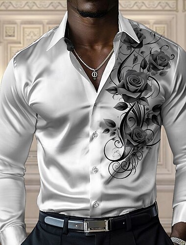  Herren Rose Lässiges Hemd Knopfhemd Langarm Modisch lässig Party Casual Frühling Herbst Umlegekragen Knopf hoch Schwarz Gelb Rote Blau